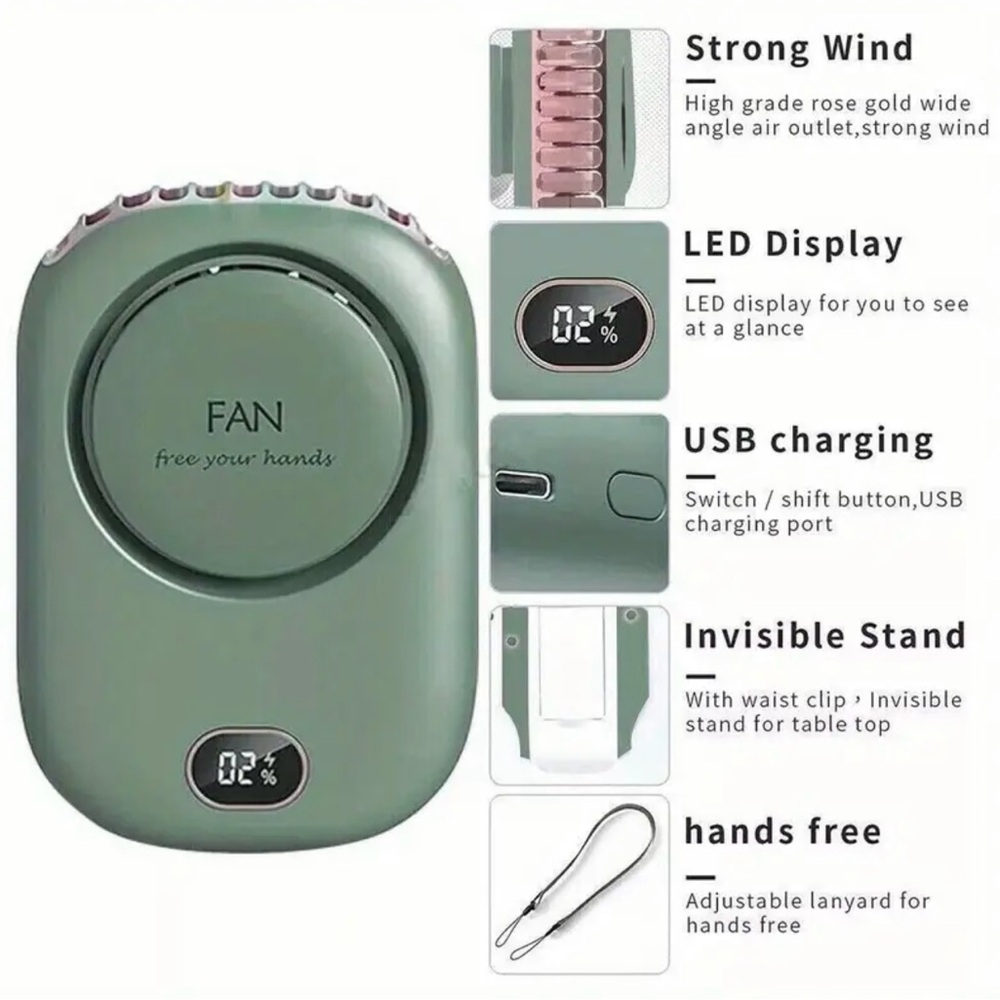 Portable Hanging Neck Fan Mini Wearable Sport Fan 3 Speed USB Rechargeable Green - Picture 6 of 13